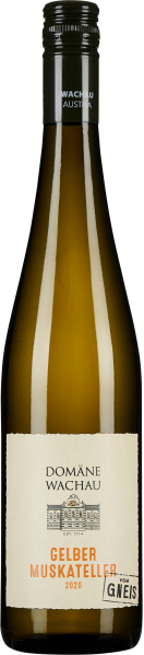 Klarglasflasche mit dunklem Schraubverschluss und cremefarbenem Weinetikett.