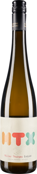 Klarglasflasche mit schwarzem Schraubverschluss, schlichtes Etikett in Pastellfarben.