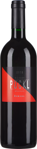 Dunkle Weinflasche mit elegantem, rot-schwarzem Etikettendesign.