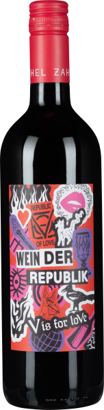 Flasche Rotwein mit auffälligem, buntem Etikett, das verschiedene grafische Elemente wie Herzen, Flammen und abstrakte Formen zeigt. Der Schraubverschluss ist rot.