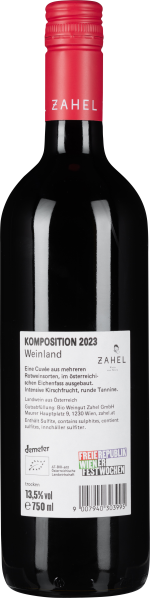 Schwarze Weinflasche mit rotem Schraubverschluss und schlichtem weißen Etikett.