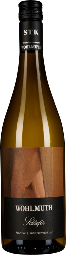 Braune Weinflasche mit schwarzem Etikett und glänzendem Verschluss.