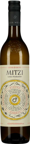 Die Weinflasche zeigt ein elegantes Design mit einem abgerundeten Hals und einem schwarzen Schraubverschluss. Das Etikett ist cremefarben mit grafischen Elementen und Texten, darunter ein detailliertes, kreisförmiges Diagramm. Die Flasche selbst hat einen