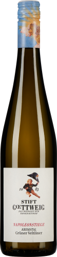 Die Flasche ist hoch und schlank mit grünlichem Glaskörper. Der Verschluss ist ein dekorativer Schraubverschluss in Blau mit künstlerischem Motiv. Das Etikett zeigt einen Cherub und hat schwarze und rote Schrift auf weißem Hintergrund.