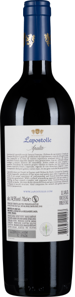 Flasche mit blauer Kapsel, goldenen Details und rückseitigem Etikett.