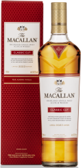 Klarer Whisky in goldener Flasche neben roter Verpackung mit edlem Design.