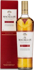 Goldene Whiskyflasche neben roter, geometrisch gemusterter Verpackung.