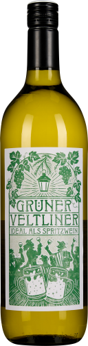 Eine Weinflasche mit hellem, gelblichem Inhalt und einem schwarzen Schraubverschluss. Das Etikett zeigt ein grünes Design mit Weinranken und stilisierten Illustrationen von Gläsern.