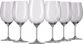 Set aus sechs eleganten Weingläsern mit hohen, klaren Stielen und leicht bauchigen Kelchen, ideal für Weißwein.