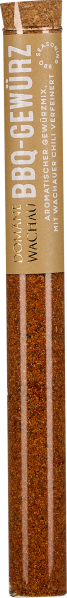 Langes Glasröhrchen mit braunem Gewürzpulver und Korkverschluss.