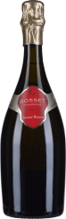 Flasche Champagner mit goldener Folie und rotem Etikett, elegante Form, dunkel getöntes Glas.