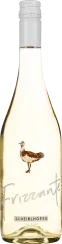 Die Weinflasche ist schlank und hoch mit einem weißen Schraubverschluss. Das Glas ist transparent und zeigt einen hellen, fast klaren Wein. Auf dem Etikett ist ein stilisierter Vogel abgebildet. Die Gestaltung wirkt modern und elegant.