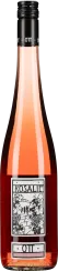 Roséweinflasche mit schwarzem Schraubverschluss und kunstvoll gestaltetem Etikett.