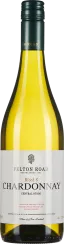 Die Weinflasche zeigt einen Chardonnay mit golden-gelber Flüssigkeit. Die Flasche besitzt ein schlichtes Etikett in Weiß mit schwarzem Text und einem grünen Flaschenverschluss.