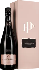Schwarze Champagnerflasche mit dezentem Etikett in Roségold, flankiert von einer eleganten, rosa Geschenkbox mit schimmerndem Schriftzug.