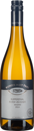 Durchsichtige Weinflasche mit hellgelbem Inhalt, elegantem Etikett und Schraubverschluss.