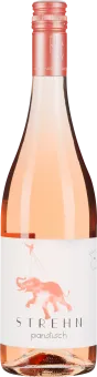 Roséweinflasche mit Elefantenmotiv auf weißem Etikett und roséfarbenem Schraubverschluss.