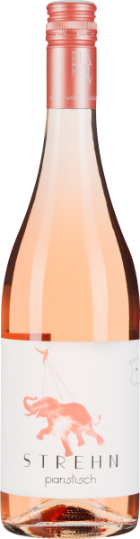 Roséweinflasche mit Elefantenmotiv auf weißem Etikett und roséfarbenem Schraubverschluss.