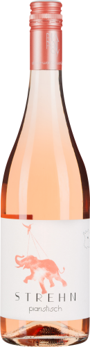 Roséweinflasche mit Elefantenmotiv auf weißem Etikett und roséfarbenem Schraubverschluss.