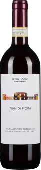 Flasche Rotwein mit dunkelrotem Glas und einer eleganten, weißen Etikette, die ein stilisiertes Gebäude in Erdtönen zeigt.