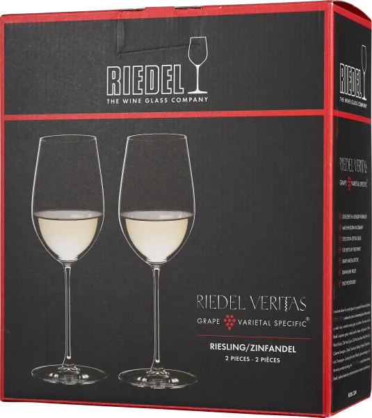 Schwarze Verpackung mit roten Akzenten, zeigt zwei elegante Weingläser mit langem Stiel und gefülltem Kelch. Subtiler, moderner Stil, perfekt für Weißweine.