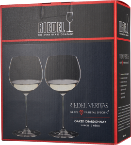 Produktverpackung von Riedel mit zwei eleganten Weingläsern der Serie Veritas, abgebildet auf einem dunkelblauen Hintergrund mit Akzenten in Rot.