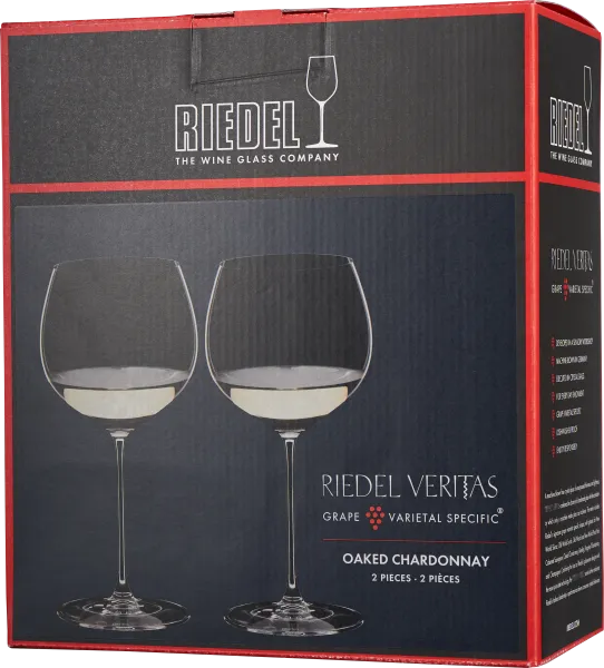 Produktverpackung von Riedel mit zwei eleganten Weingläsern der Serie Veritas, abgebildet auf einem dunkelblauen Hintergrund mit Akzenten in Rot.