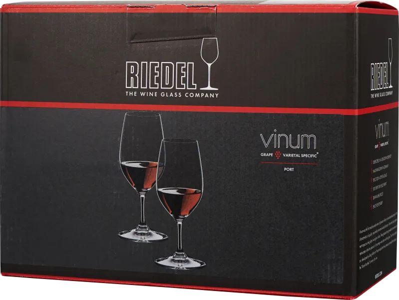 Die Abbildung zeigt eine schwarze Verpackung mit dem Aufdruck "Riedel" und zwei stilisierten Weingläsern, die halb mit rotem Wein gefüllt sind. Ein roter Streifen betont das edle Design, während minimalistische Schrift das elegante Erscheinungsbild ergänz