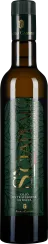 Dunkle Glasflasche mit elegant gestaltetem, dunkelgrünem Etikett und goldenen Schriftzügen, die ein hochwertiges Olivenöl präsentieren.