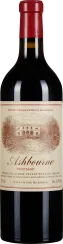 Eine Weinflasche mit einem roten Korken, einem beigefarbenen Etikett und einer Illustration eines Gebäudes darauf. Die Flasche ist elegant und dunkel gefärbt, typische Form für Rotwein.