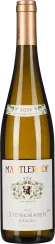 Schlanke Weinflasche mit goldenem Metallverschluss, transparentem Glas, das einen hellgelben Wein zeigt, und einem eleganten Etikett mit stilisierten Weinblättern.