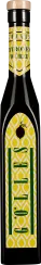 Dunkle Flasche mit hellem Holzverschluss, auffälligem gelbem Etikett mit geometrischem Muster und grünen Schriftzeichen.