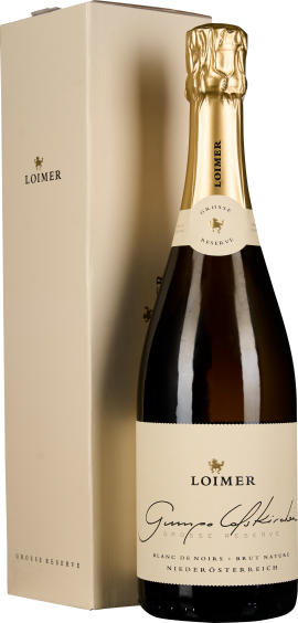 Eine Flasche Schaumwein mit goldener Kapsel und heller Etikettierung steht vor einer passenden, dezent gestalteten Geschenkbox. Die Optik ist elegant und verleiht einen hochwertigen Eindruck.