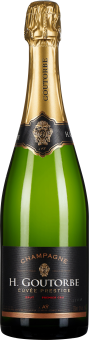 Flasche mit grünem Glaskörper und goldener Aluminiumkapsel, verziert mit einem schwarzen Etikett und goldenen Akzenten.