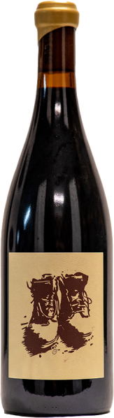 Dunkle Weinflasche mit goldener Kapsel und Etikett in Beige mit Schuhmotiv.