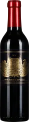 Flasche Rotwein mit schwarzem Etikett und goldenem, detaillierten Design eines Herrenhauses, versiegelt mit rotem Folienverschluss.