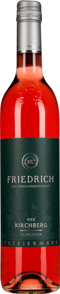 Durchscheinende Weinflasche mit leuchtend roséfarbenem Inhalt, grünem Etikett und silbernem Schraubverschluss.