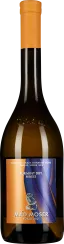 Flasche mit glatter Form, orangefarbenem Verschluss und einem Etikett in Blau- und Orangetönen.