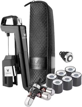 Ein elegantes, modernes Weinsystem bestehend aus einem schwarzen, ergonomischen Gerät, einer gepolsterten Tasche mit Reißverschluss und mehreren silbernen Kartuschen und Verschlüssen. Ideal für Weinliebhaber.