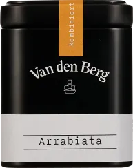 Schwarze Metallbox mit schlichtem, modernem Design, orangefarbenem Etikett und weißem Schriftzug „Arrabiata“.