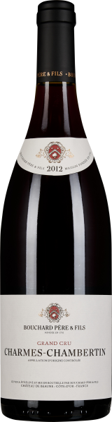 Flasche Rotwein mit dunkelrotem Farbton, schlanker Form, verziert mit einem klassischen Etikett in Cremefarben und rotem Wappen.