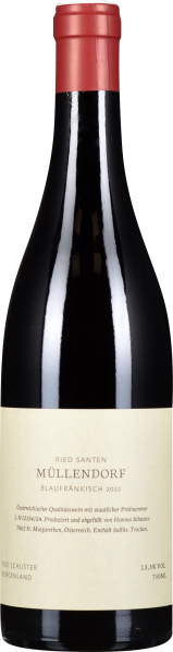 Die Weinflasche zeigt einen sattroten Verschluss und ein schlichtes, elegantes Etikett in Beige mit dunkler Schrift. Die schlanke Flasche hat eine glänzende, tiefschwarze Oberfläche, die das Licht reflektiert.