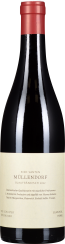 Die Weinflasche zeigt einen sattroten Verschluss und ein schlichtes, elegantes Etikett in Beige mit dunkler Schrift. Die schlanke Flasche hat eine glänzende, tiefschwarze Oberfläche, die das Licht reflektiert.