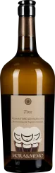 Eine Flasche Weißwein mit bernsteinfarbenem Glas, verziert mit einem eleganten Etikett in Beige und einer stilisierten Grafik von drei stilisierten Gesichtern.