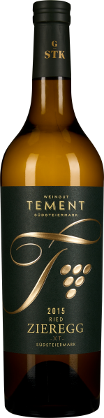 Braune Weinflasche mit dunkelgrünem Etikett und goldener Schrift sowie Traubenmotiv.