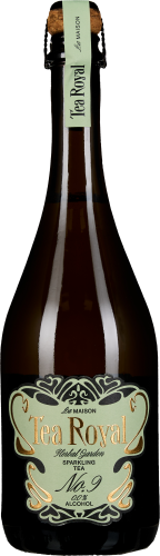 Braune Flasche mit Korkverschluss, verziert mit einem pastellgrünen Etikett. Goldene Schrift und Zierelemente verleihen einen eleganten Touch.