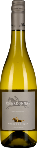 Klare, hellgelbe Weinflasche mit silbernem Verschluss und grauem Etikett.