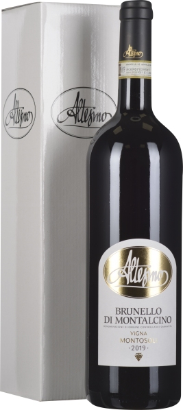 Eine elegante Weinflasche mit dunklem Glas und gold-schwarz-weißer Etikettierung, präsentiert neben einer passenden weißen Geschenkbox mit glänzendem Logo-Aufdruck.