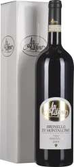 Eine elegante Weinflasche mit dunklem Glas und gold-schwarz-weißer Etikettierung, präsentiert neben einer passenden weißen Geschenkbox mit glänzendem Logo-Aufdruck.