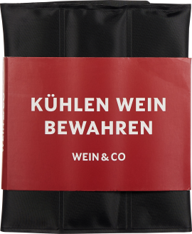 Schwarze Kühltasche mit rotem Etikett und weißer Aufschrift.